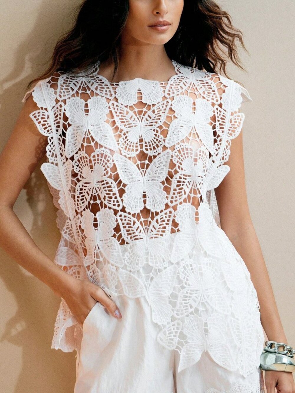 White Elegant Women's Lace Crochet Hollow Mesh butterfly desgin top